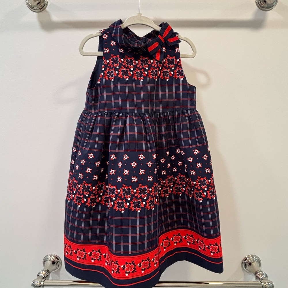 Janie and Jack Navy and Red Floral Plaid Dress with Bow